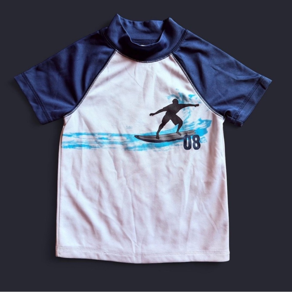 Jumping Beans Boy Surfer Rash Guard Swim Shirt Blue White Size 5/6 Medium